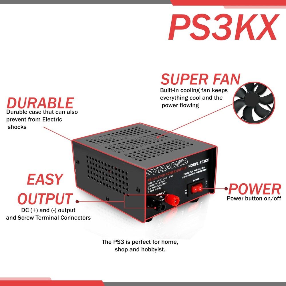 Pyramid Universal Compact Bench Power Supply - 2.5 Amp Linear Regulated Black