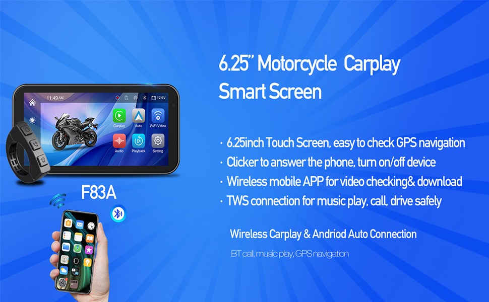 6.25" Motorcycle GPS Navigation Touch Screen Wireless CarPlay Android Auto Cam