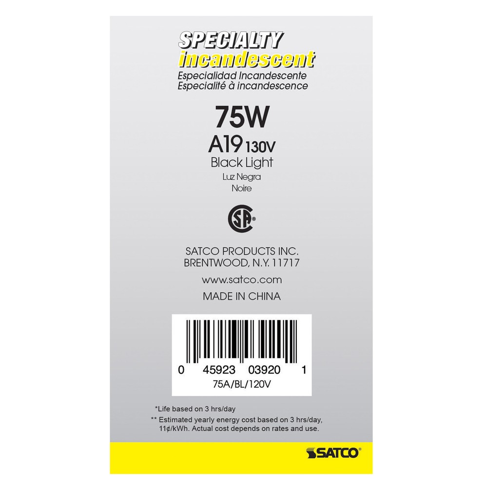 BLACK LIGHT 75 Watt 120V Standard Household Light Bulb A19 Medium E26 Base 75A19