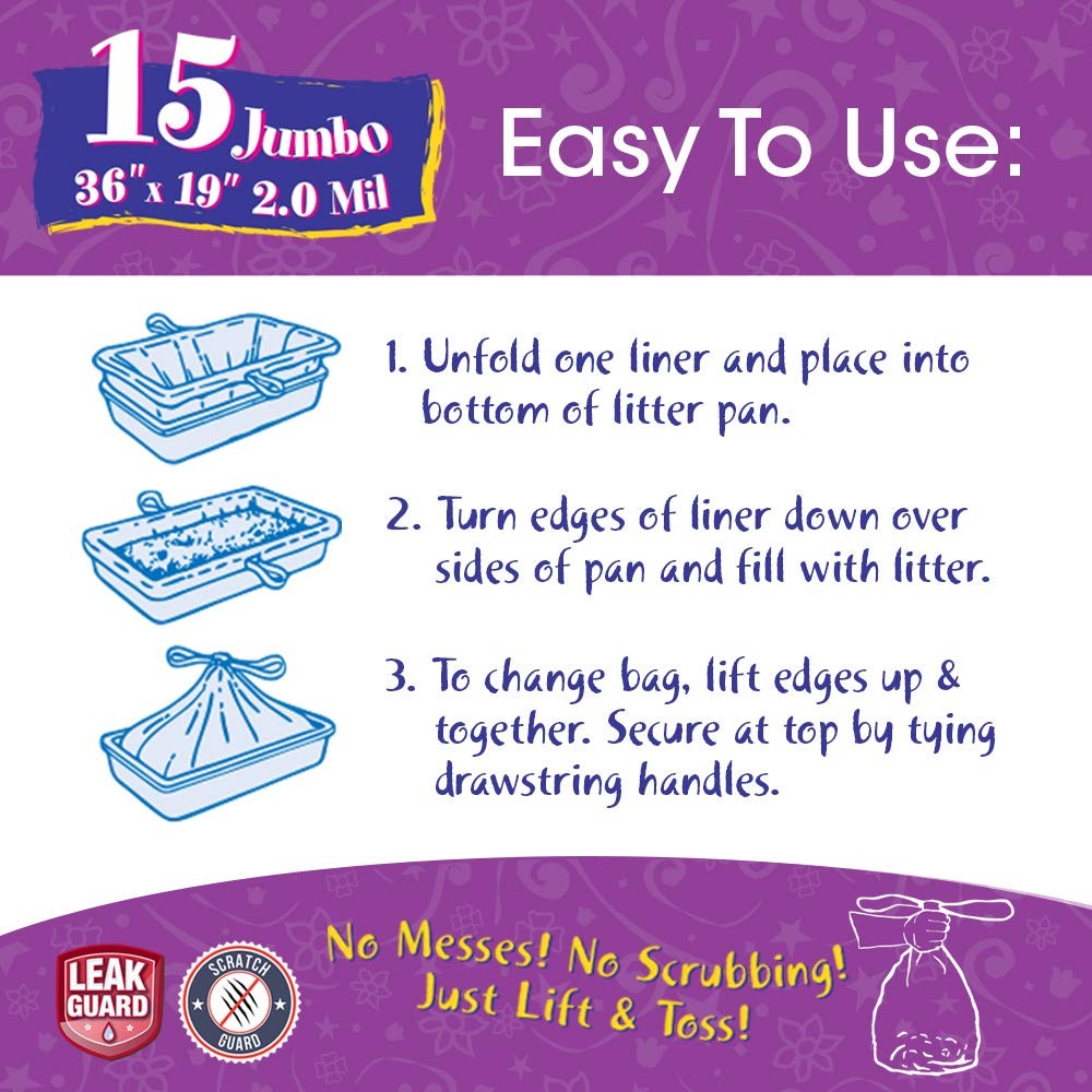 Jumbo Cat Litter Box Liners - 15 Thick, Durable, Scented Drawstring Bags