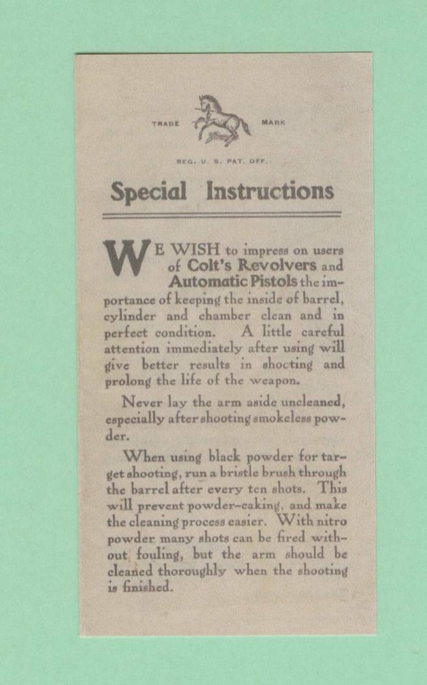 Colt Model Special Instructions Reproduction EARLY