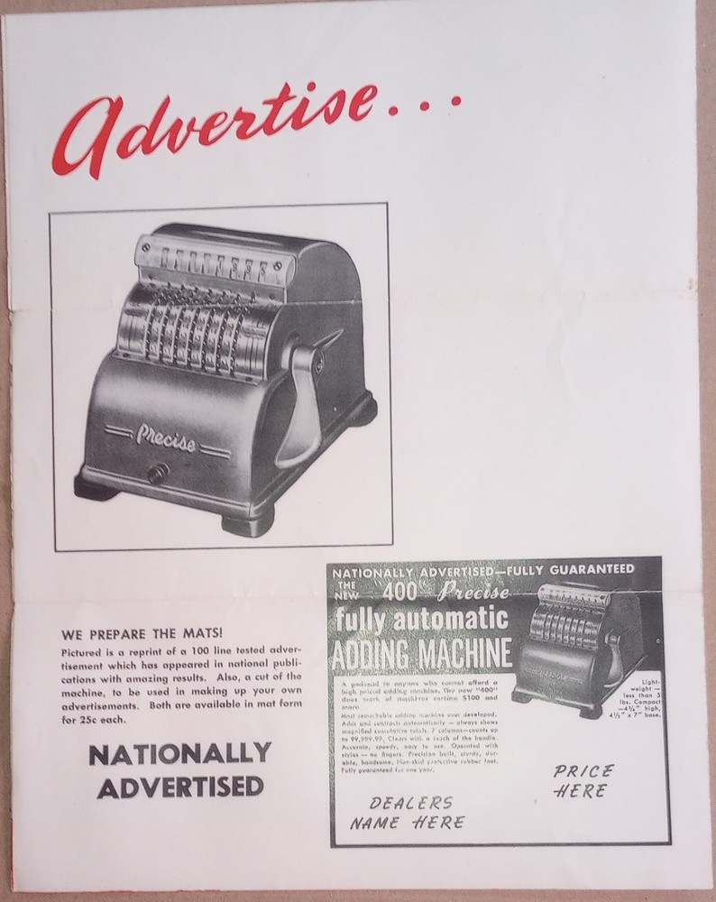 1940's-50's Precise Adding Machine Advertisement