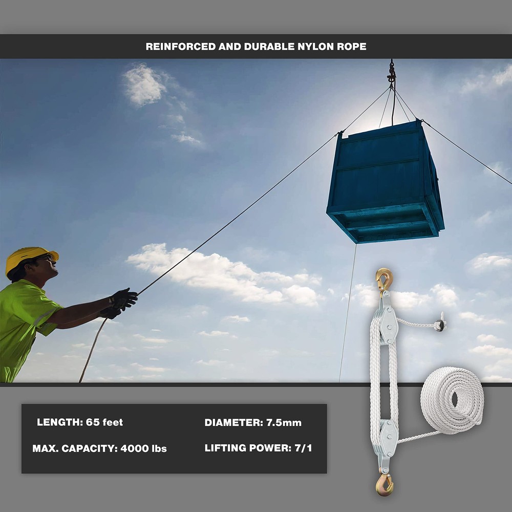 Block and Tackle Pulley System for Lifting Objects - SoB 4000LB Breaking Stre...