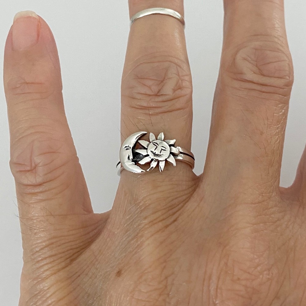 Sterling Silver Face Moon and Sun Ring, Silver Ring, Boho Ring, Moon Ring