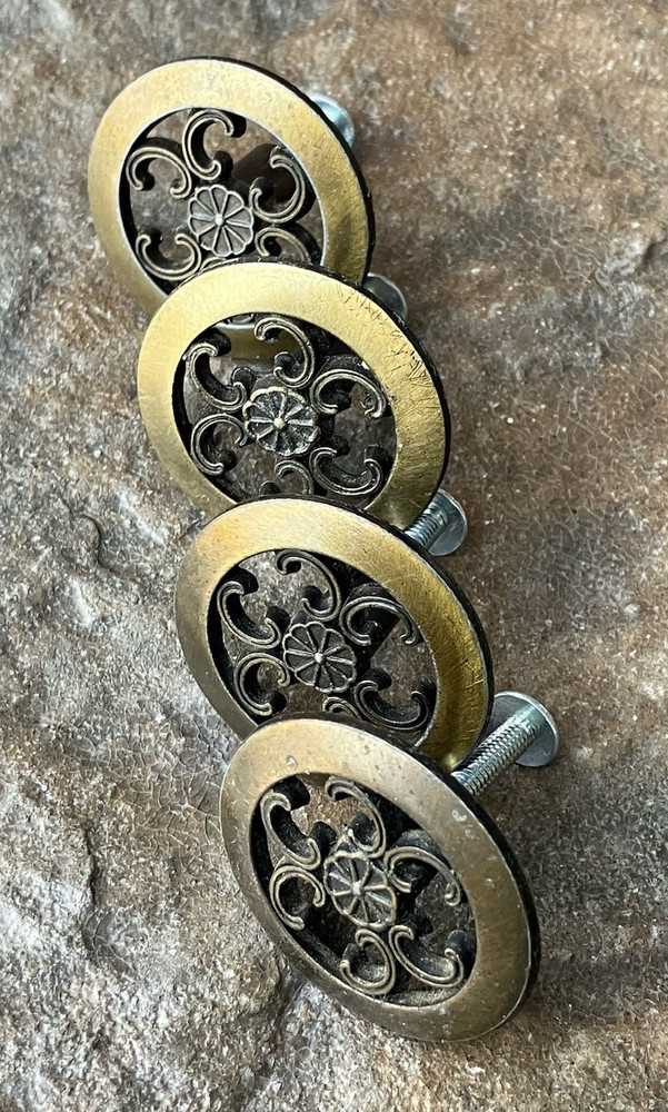 4 Allison Brass Antique Hardware Mid Century Modern Drawer Pulls Cabinet Knobs