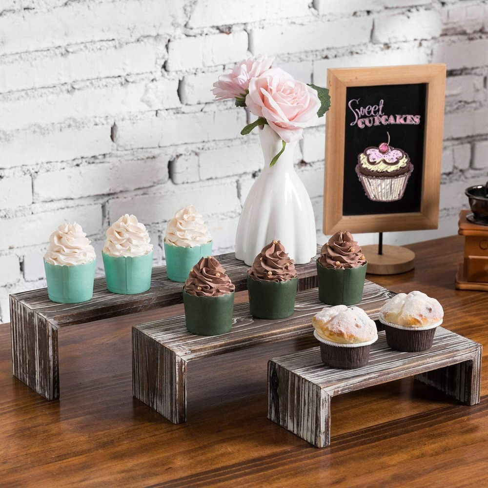 Tabletop Torched Finish Wood Nesting Decorative Display Riser Stands, Set of 3