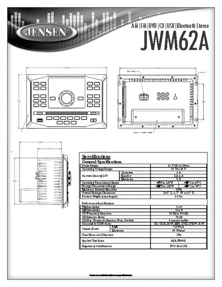 Jensen JWM62A Wallmount Bluetooth RV Stereo with App Control, DVD|CD|USB|AUX|RCA