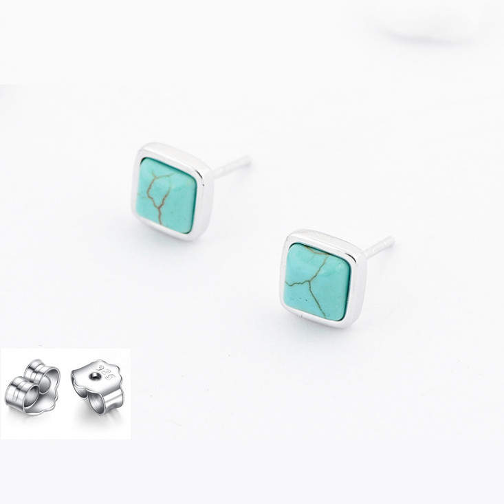 8mm Solid Sterling Silver Square Natural Turquoise Stud Earrings Gift Box PE21