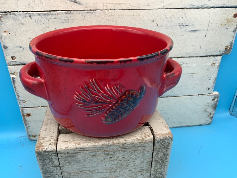 Red Double Handle Teleflora Planter/Bakeware, Ceramic Pottery 3-D Pinecone