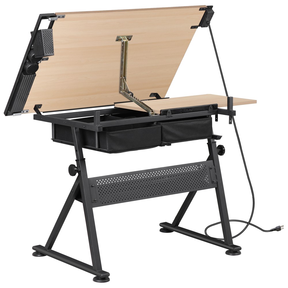 Adjustable Drafting Drawing Tiltable Table & Stool w/ 2 Drawers & Outlet Natural