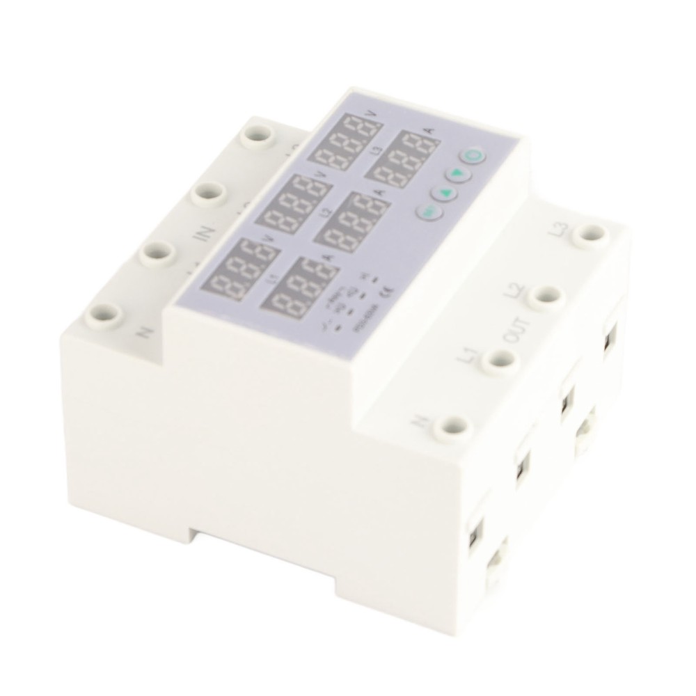 63A 3Phase DIN Rail Voltmeter Ammeter Auto-Overvoltage Overcurrent Protector AC