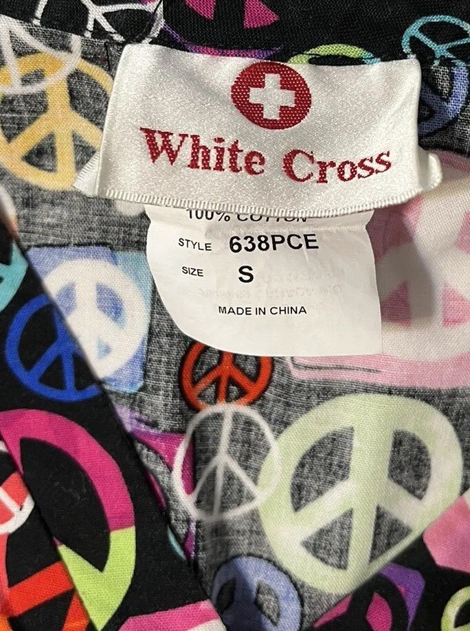White Cross Small Scrub Top Multicolored Peace Symbol Black Cotton Pullover