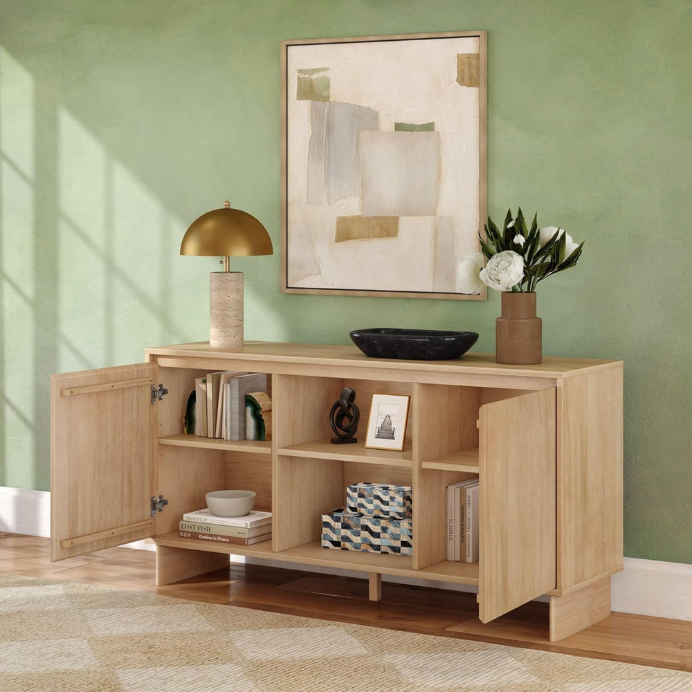 59" Modern Pine Sideboard Buffet Cabinet with Doors & Shelf