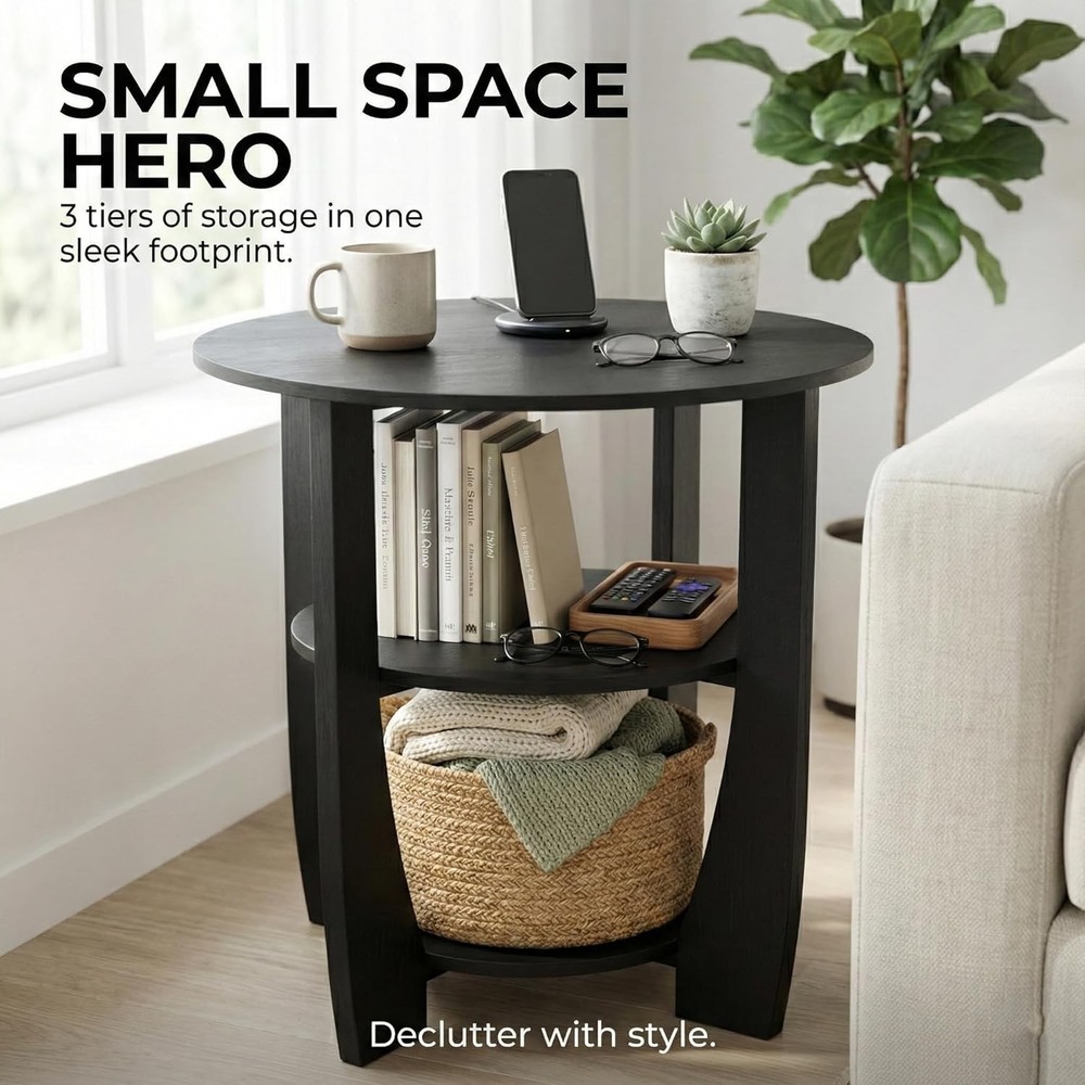 19.7" Black Round 3-Tier Side Table End Table Nightstand Storage Sofa #R08