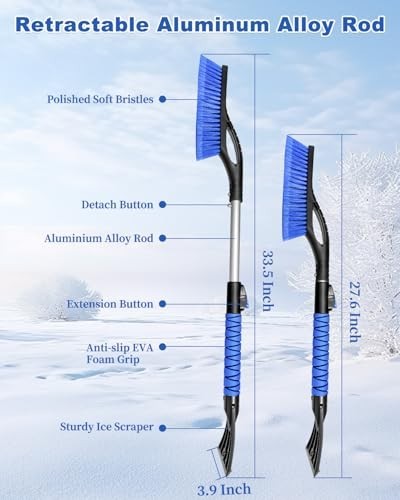 33" Extendable Snow Brush & Ice Scraper for Car Windshield - Foam Grip, Soft Bro