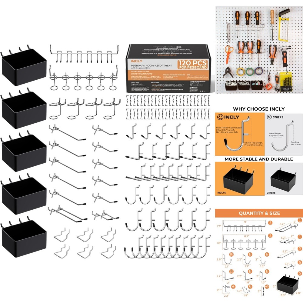 120pc Pegboard Accessories Kit Tool Organizer Hooks & Bins Garage Storage Set