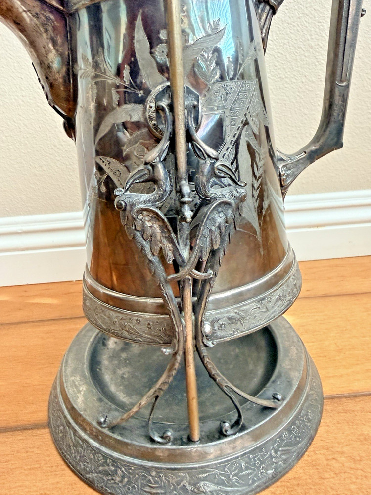 19”H Antique Silver-Plated Tilting Water Pitcher & Stand