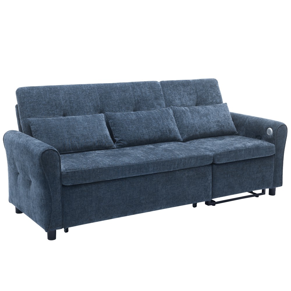 82" Blue Chenille Sofa Bed w/ Reversible Recliner, Adjustable Backrest, USB