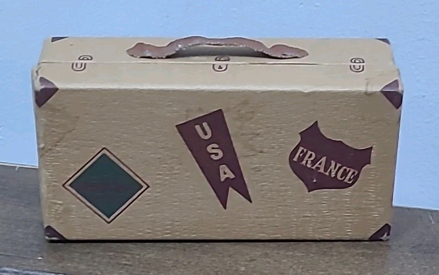 Antique Candy Container Suitcase Travel Stamps Leather Handle