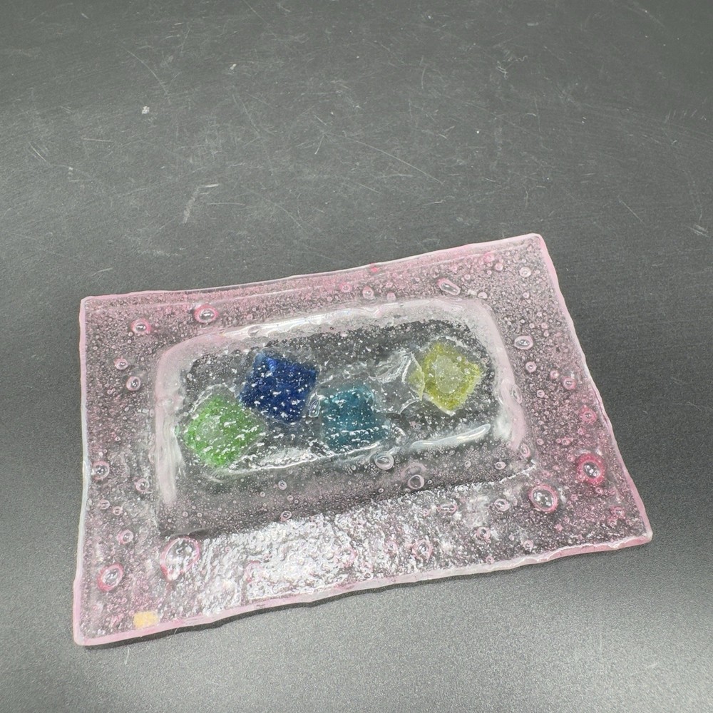 Vintage Hand Made Rectangular Trinket Dish Holder Container Plate Pink Bubbles
