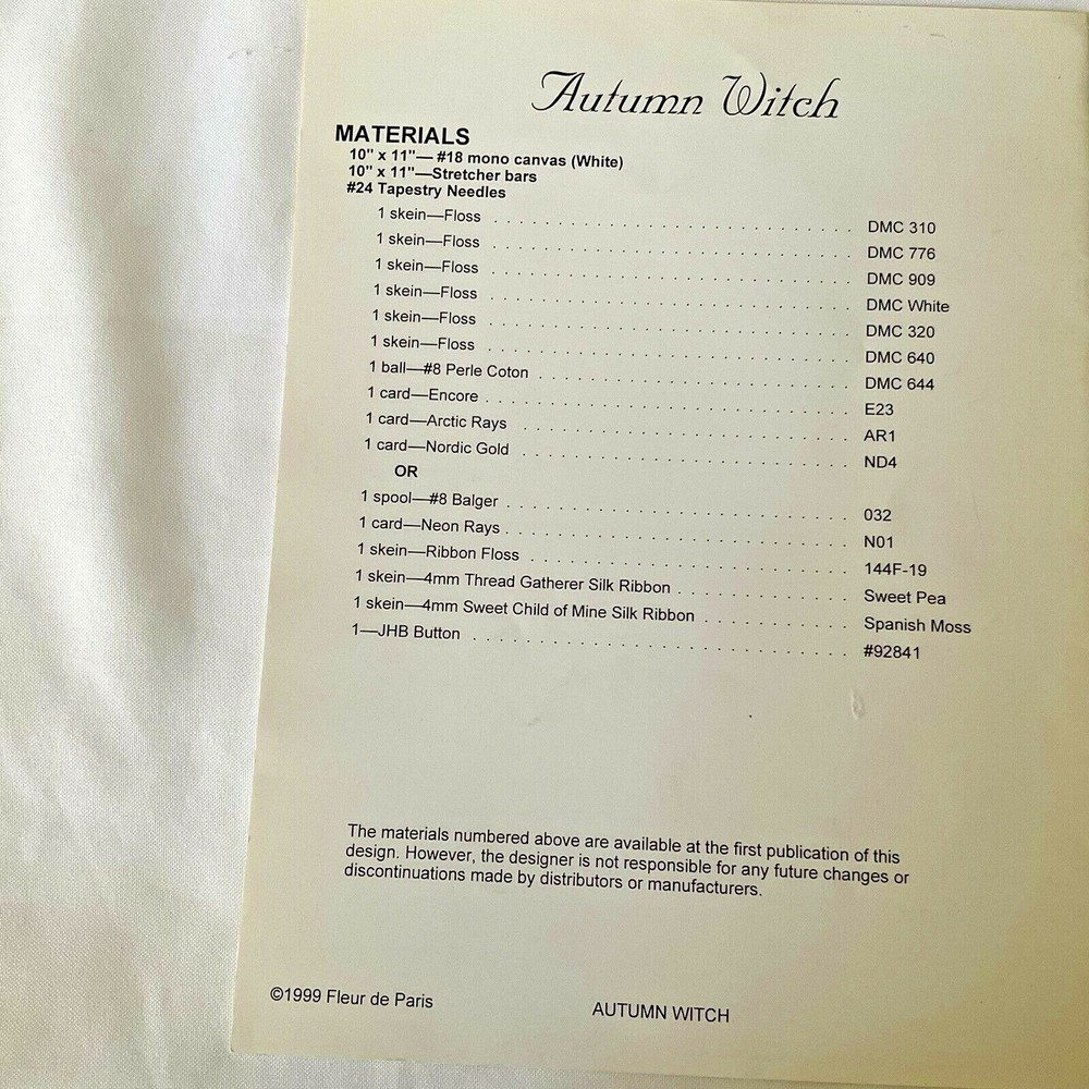 Needlepoint Chart Instruction Booklet Cheryl Schaeffer Autumn Witch 18 Count