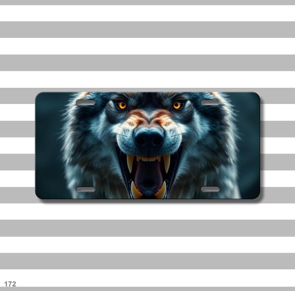 Aggressive Wolf License Plate Fierce Expression Optional Text Front Plate Unique