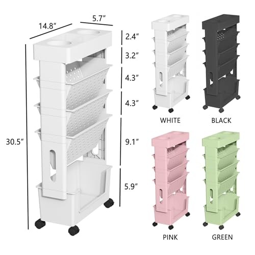 Mobile Bookshelf, Rolling Bookcase Book Storage Rack, Movable 5-Tier White
