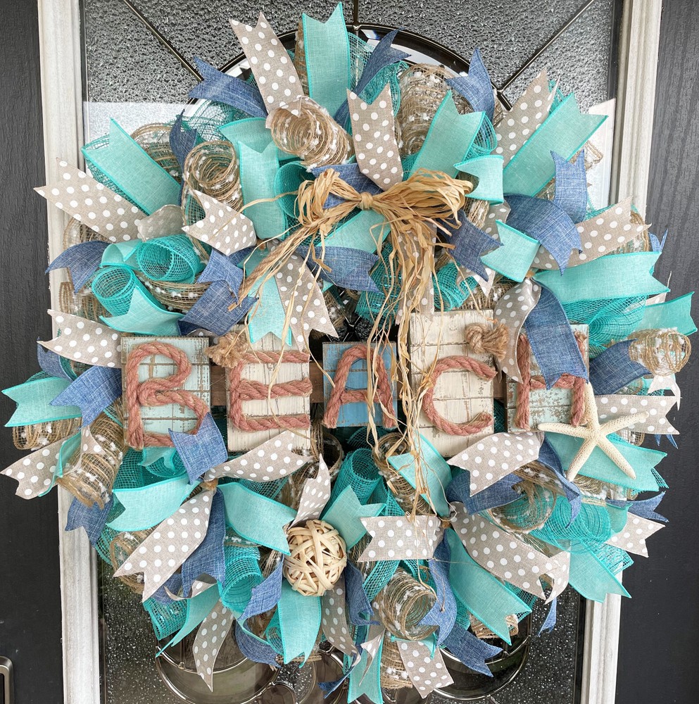 Pretty Raffia Rustic Beach Starfish Summer Deco Mesh Wreath Decor Decoration
