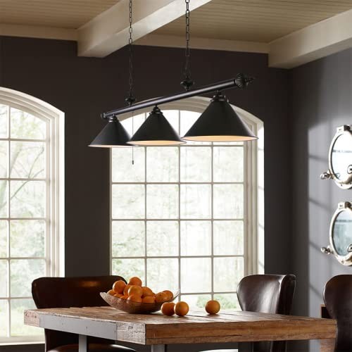 59in Billiard Pool Table Light with Pull Chain Switch on Pendant 3-Light Black