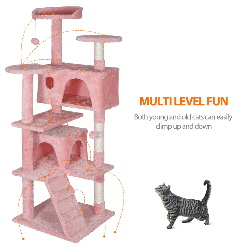 55 Inch Multi-Level Cat Tree Tower Kitten Condo House with Scratching Posts Pink