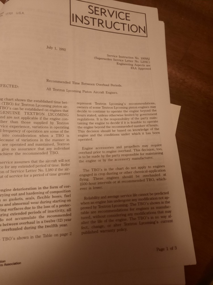 1996 Lycoming Data Pak Service Bulletins