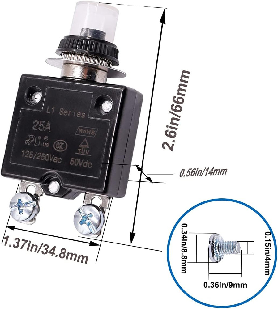 Mxuteuk 2Pcs 20Amp Circuit Breakers Push Button Manual Reset 125/250V AC 50V DC,