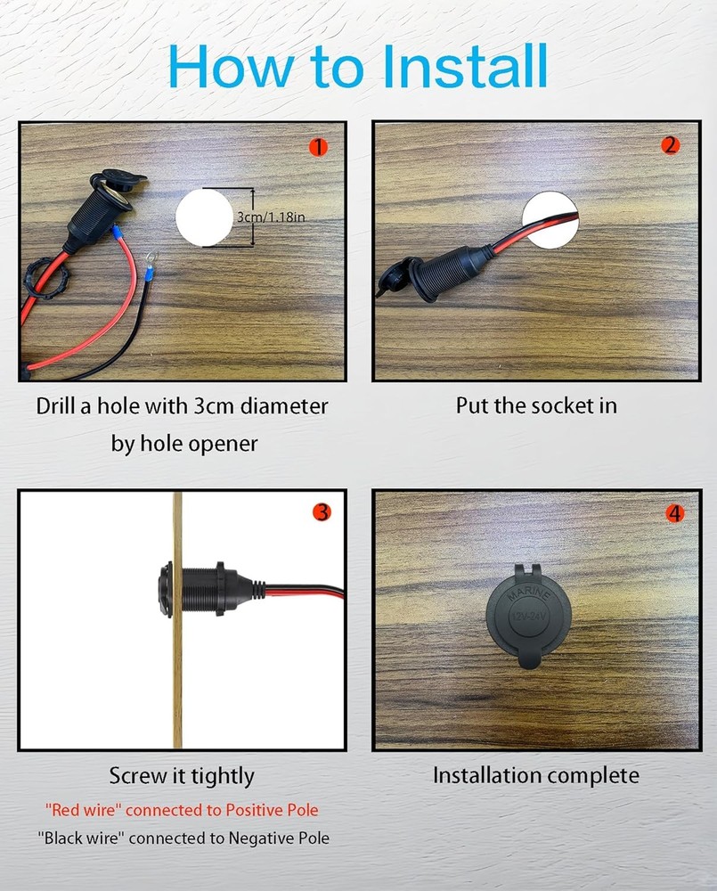 3FT 12V Fixed Thread Cigarette Lighter Socket Extension Cable, 12V Waterproof Ou