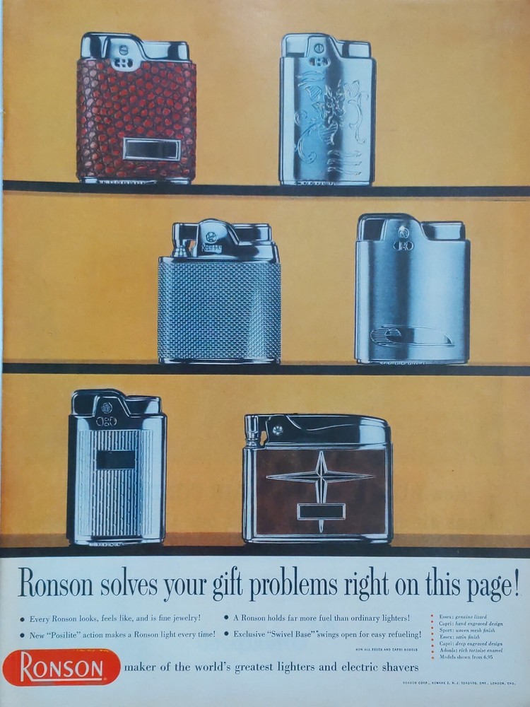 1957 vintage Ronson lighter print ad. Ronson solves your gift problems
