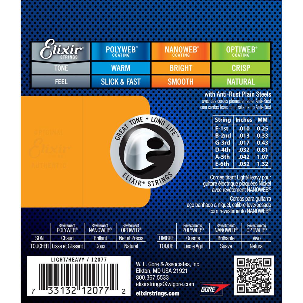 Elixir Light Top/Heavy Bottom Nanoweb Electric Guitar Strings 12077 1 Set Pack