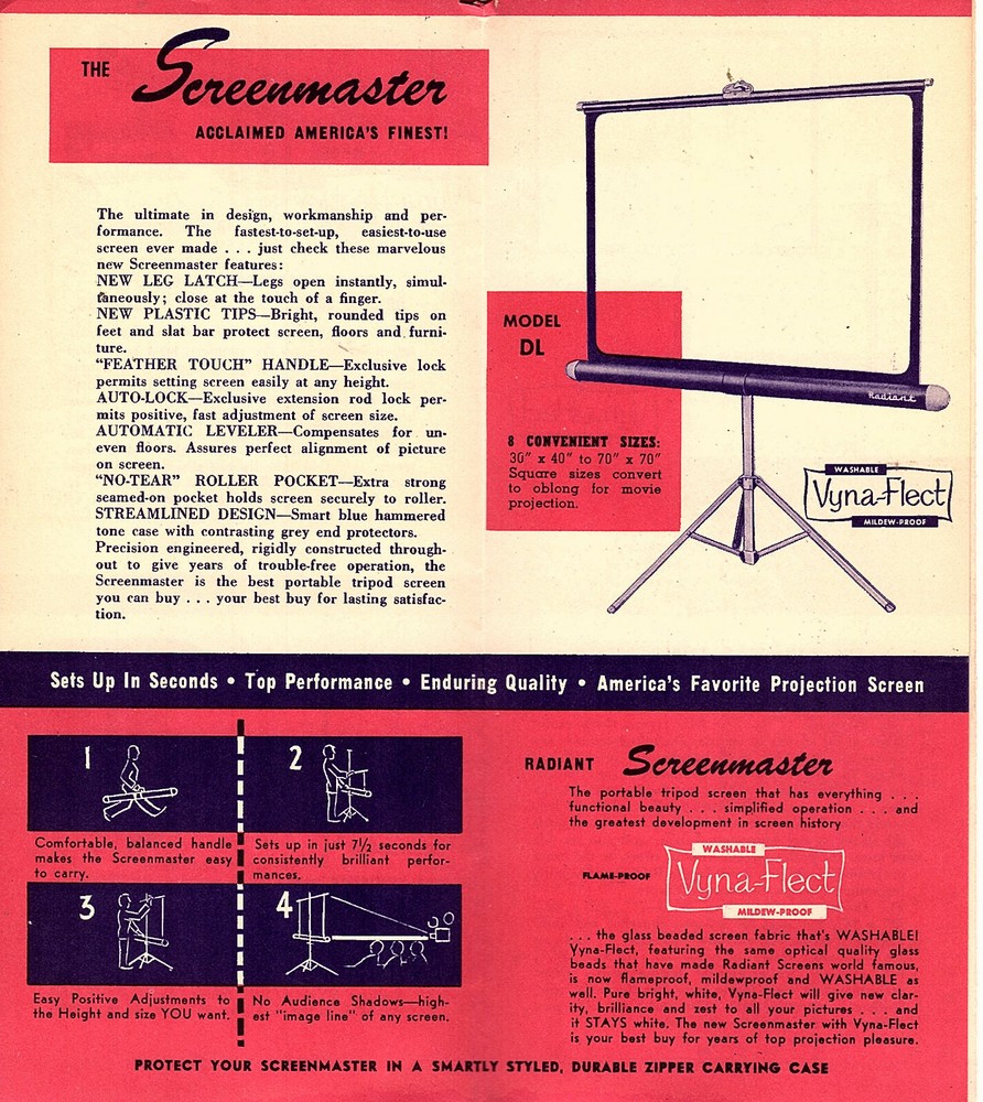 Radiant Screenmaster Projection Screens Vtge Brochure Various Models Features
