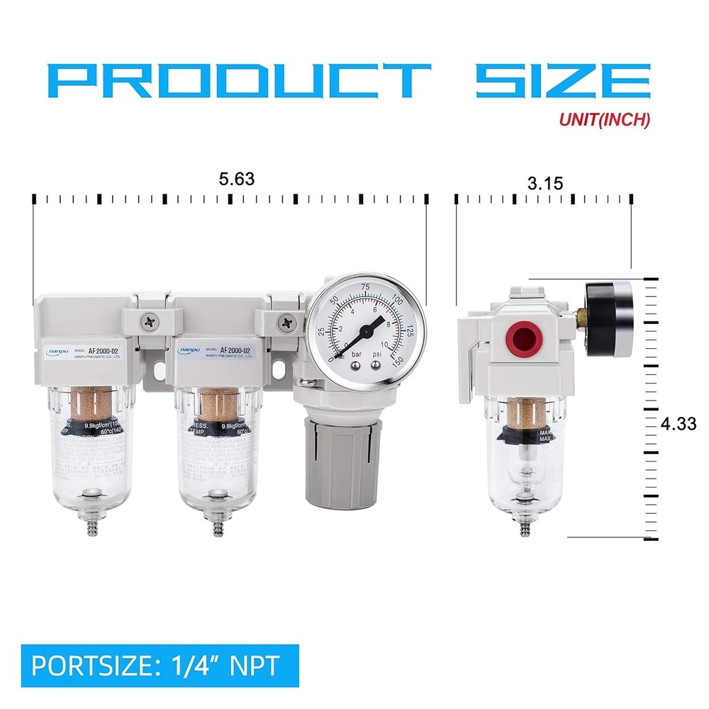 Efficient 1/4" NPT Air Filter and Regulator Combo with Complete Installation Kit