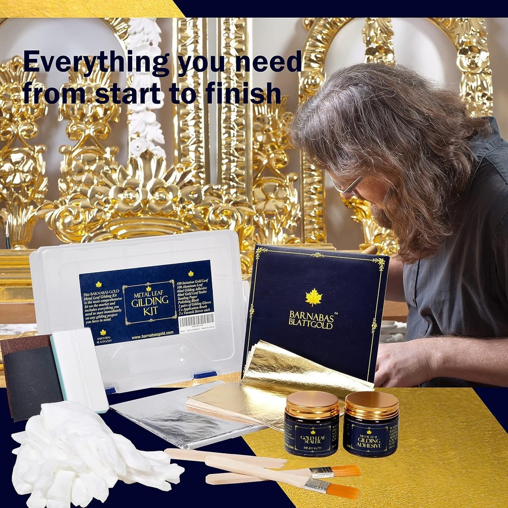 Barnabas Gilding Kit - 100 Sheets Gold/Silver Leaf, Adhesives & Tools