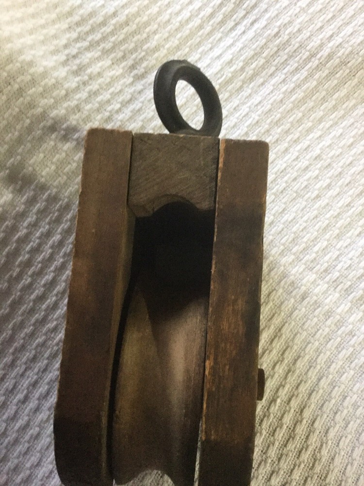 Primitive Wood Pulley With Swivel Metal Hanging Loop