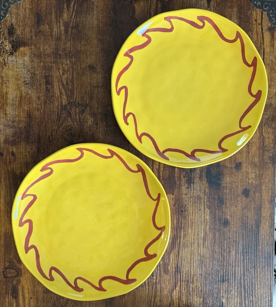 2Threshold Stoneware 12.5” X 1.5” Round Serving Platters Yellow With Red Wave