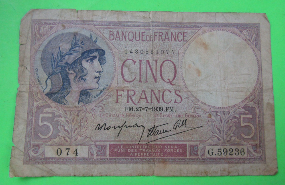 FRANCE, 5 FRANCS, 1939