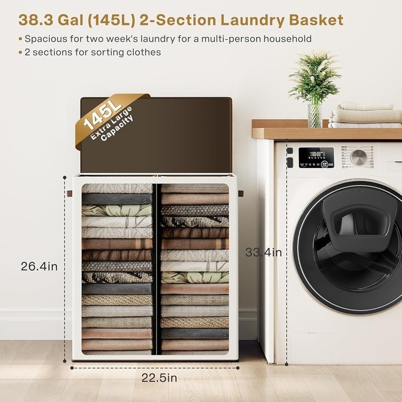 Durable 2 Section Laundry Hamper W/ Lid Removable Inner Bags Collapsible Design