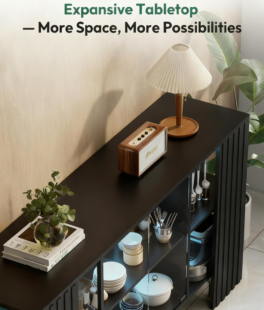 Modern Black Sideboard Buffet Cabinet with LED Lights & Glass Doors, 58