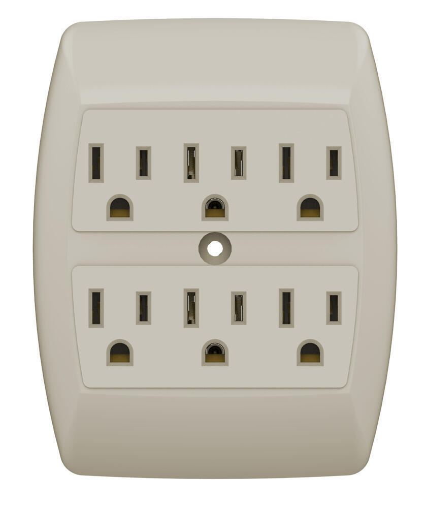 Ivory 2 Outlet into 6 Outlet Adapter Grounded Wall Tap Indoor Electrical Plug