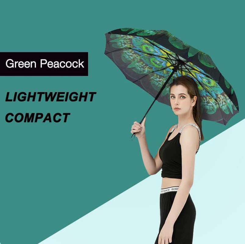 Windproof Compact Travel Umbrella – Automatic Folding (Green Peacock)