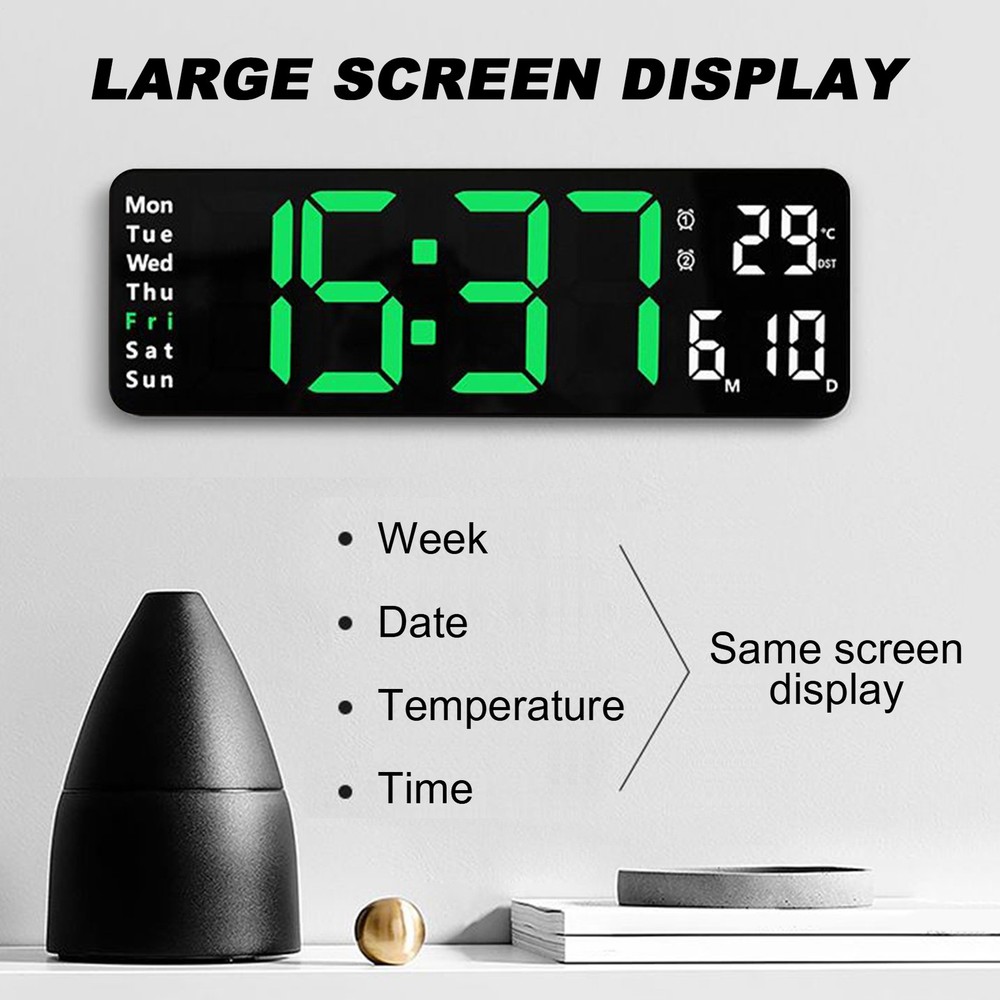 12.6" Digital Wall Clock with Countdown Timer, Week, Date, Temperature, Time