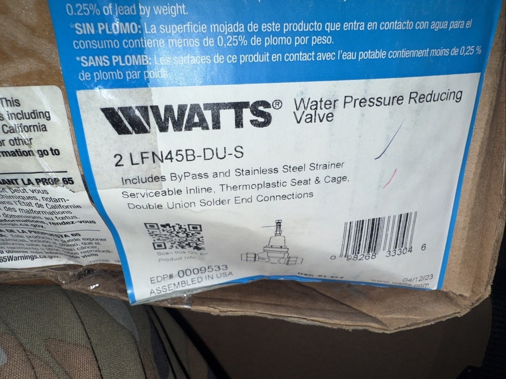 Watts - 2" Water Pressure Reducing Valve Double Solder Union - 25 to 75 psi- NEW