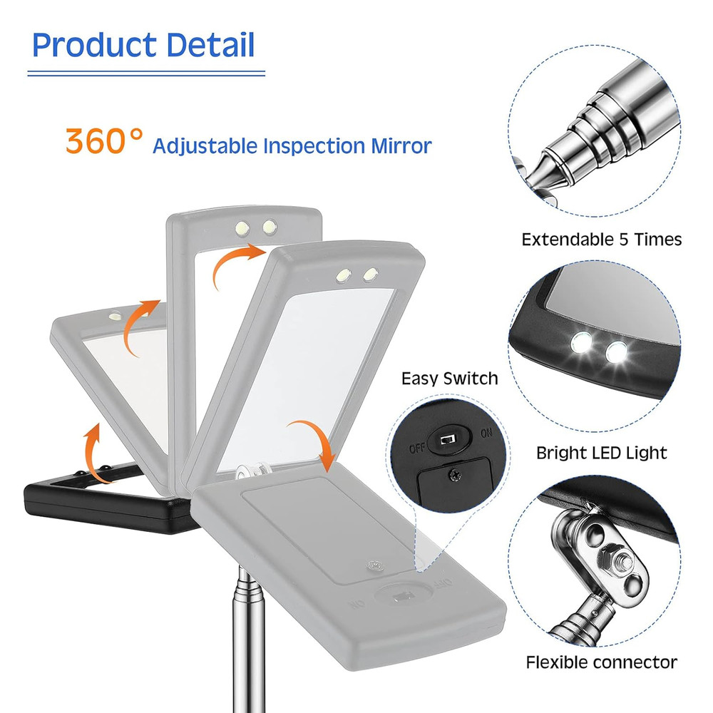 2 Pieces Lighted Telescoping Inspection Mirror Flexible Retractable...