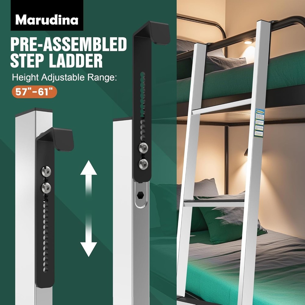 Integrated Step Ladder with 57"-61" Height Range，bunk 1.2" White