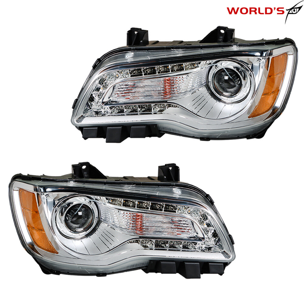 Headlight Set For Chrysler 300 2011-2014 Driver + Passenger Side Halogen Chrome